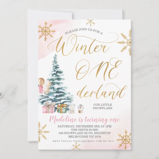 Roze Kerstboom Winter Onederland Verjaardag Kaart (Voorkant)