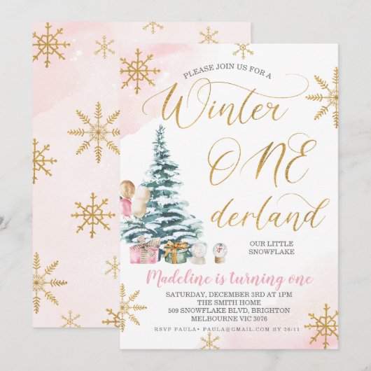 Roze Kerstboom Winter Onederland Verjaardag Kaart (Voorkant / Achterkant)