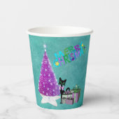 Roze Kerstboom zwarte Kat Ingepakte Geschenken Tea Papieren Bekers (Achterkant)