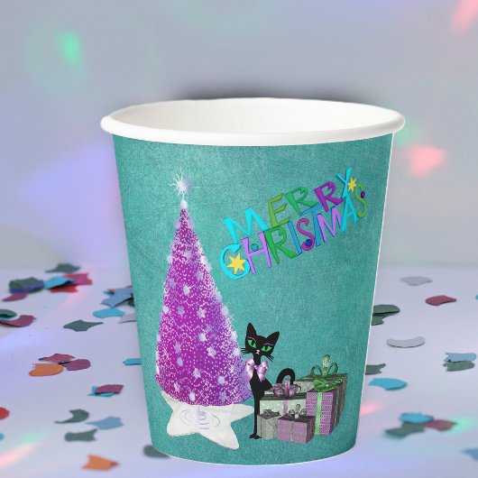 Roze Kerstboom zwarte Kat Ingepakte Geschenken Tea Papieren Bekers