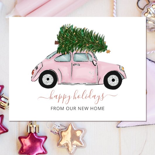 Roze kerstboomauto's Verplaatsde feestdag Briefkaart