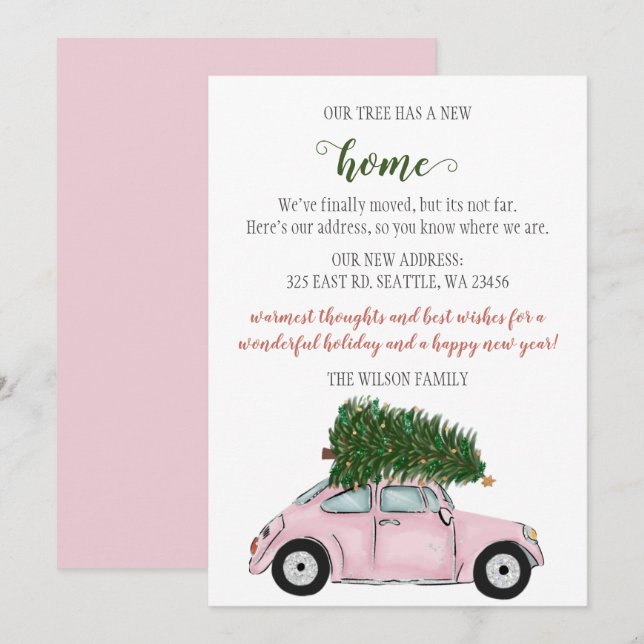 Roze kerstboomauto's We hebben vakantiekaarten ver (Voorkant / Achterkant)