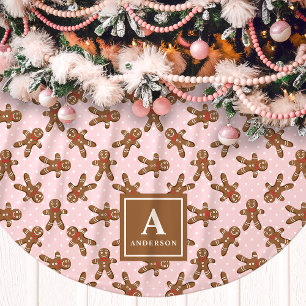 Roze kerstboomkleed met monogram van een gemberkoe kerstboom rok