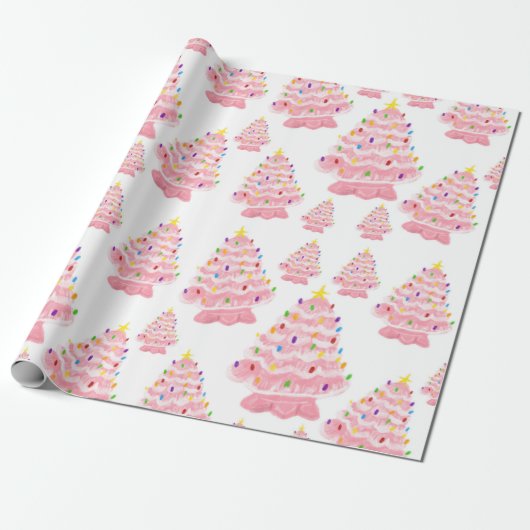  roze kerstboomnostalgie cadeaupapier (Uitgerold)