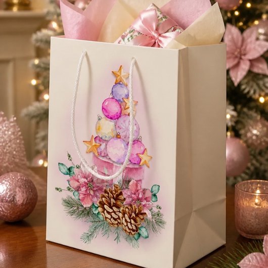 Roze kerstboomornament en cadeaudoos medium cadeauzakje