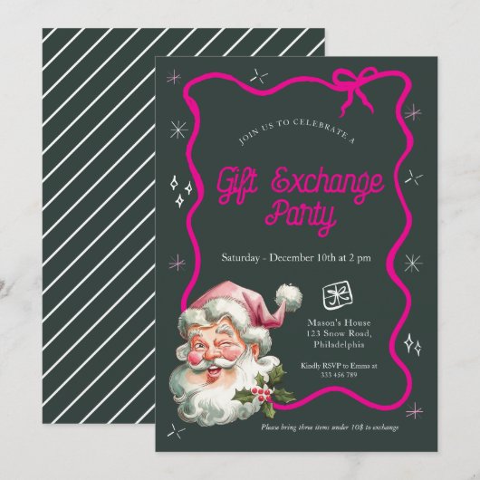 Roze kerstcadeau ruilfeest kaart (Voorkant / Achterkant)