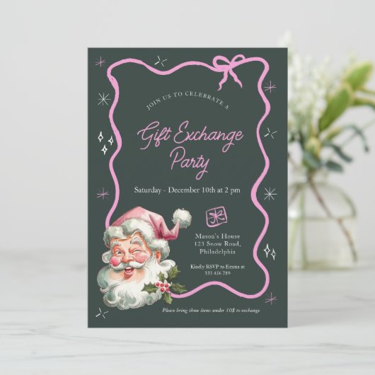 Roze kerstcadeau ruilfeest kaart (Staand voorkant)