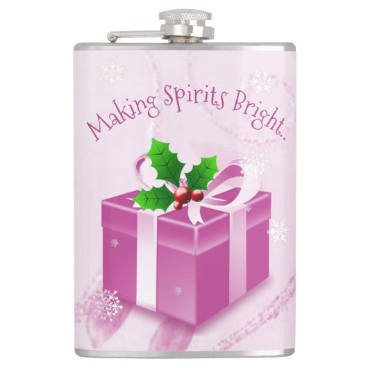 Roze kerstcadeaufles heupfles (Voorkant)