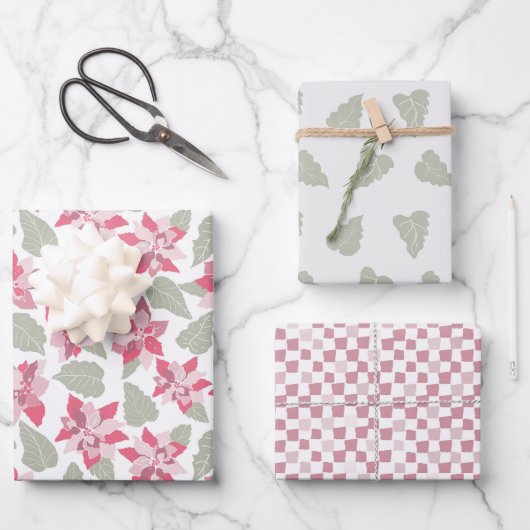 Roze kerstcadeaupapier voor kerstfeestdagen, Poins Inpakpapier Vel (Voorkant)