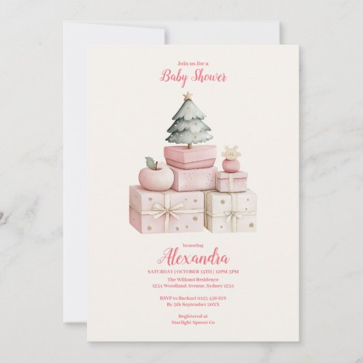 Roze Kerstcadeaus Baby shower Kaart (Voorkant)