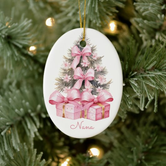 Roze kerstcadeaus keramisch ornament (Boom)