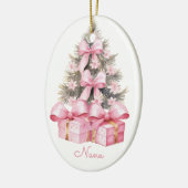 Roze kerstcadeaus keramisch ornament (Links)
