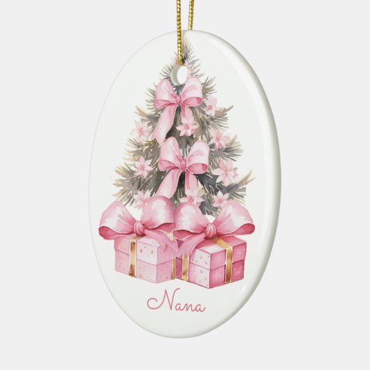 Roze kerstcadeaus keramisch ornament (Links)