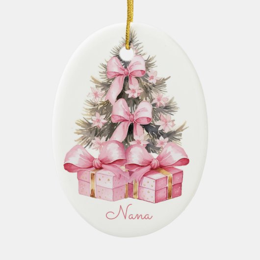 Roze kerstcadeaus keramisch ornament (Voorkant)