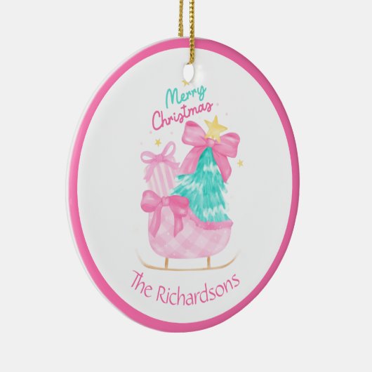 Roze Kerstcadeaus Sleigh Tree Keramisch Ornament (Rechts)