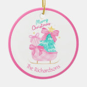 Roze Kerstcadeaus Sleigh Tree Keramisch Ornament (Voorkant)