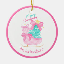 Roze Kerstcadeaus Sleigh Tree Keramisch Ornament