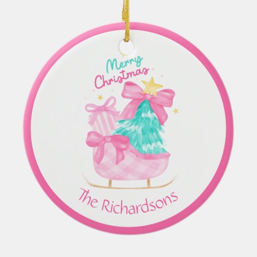 Roze Kerstcadeaus Sleigh Tree Keramisch Ornament (Achterkant)