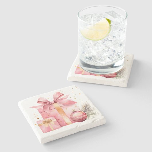 Roze kerstcadeaus stenen Onderzetters (Zijkant)