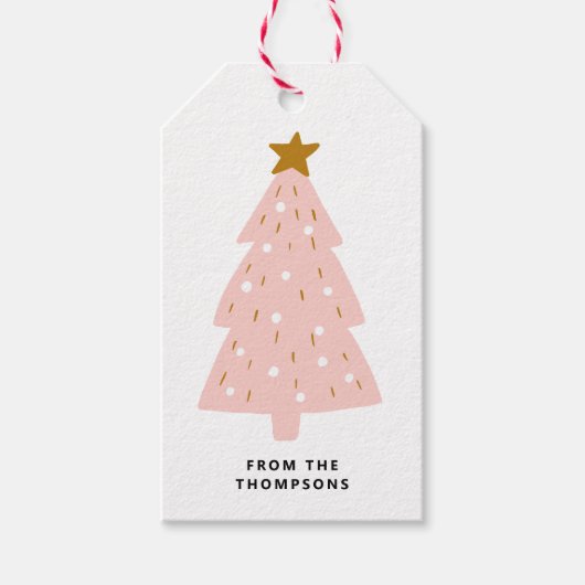 Roze kerstcadeautjes met kerstmis cadeaulabel (Voorkant)