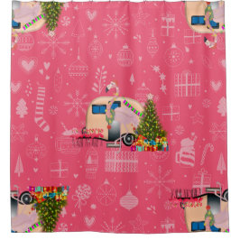Roze Kerstcamper trailer Flamingo Santa Douchegordijn