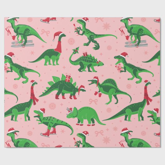 Roze Kerstdinosaurussen Stegosaurus Triceratops Cadeaupapier (Vlak)