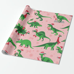 Roze Kerstdinosaurussen Stegosaurus Triceratops Cadeaupapier