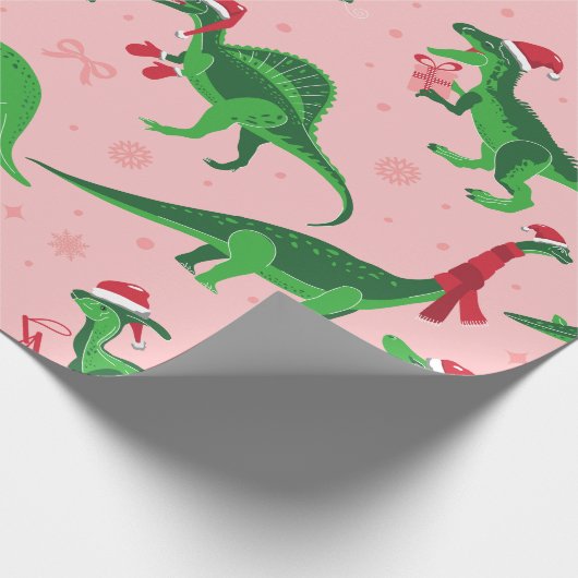 Roze Kerstdinosaurussen Stegosaurus Triceratops Cadeaupapier (Hoek)