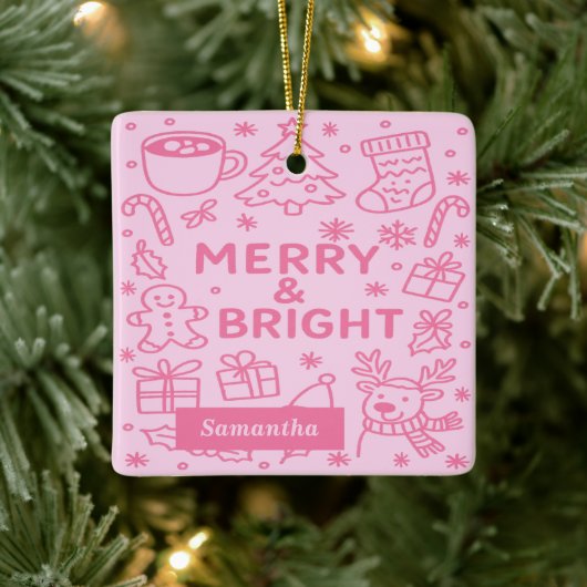 Roze kerstdoedel | Vrolijk en helder Keramisch Ornament (Boom)