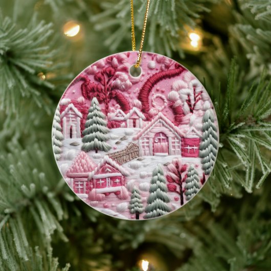 Roze Kerstdorp Keramisch Ornament (Boom)