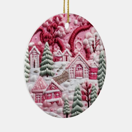 Roze Kerstdorp Keramisch Ornament (Rechts)