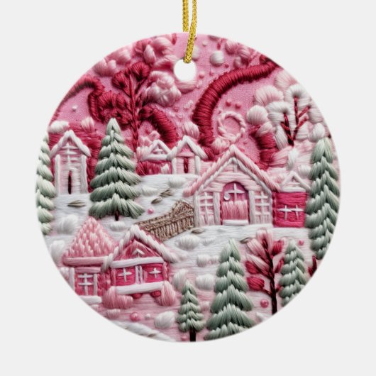 Roze Kerstdorp Keramisch Ornament (Voorkant)