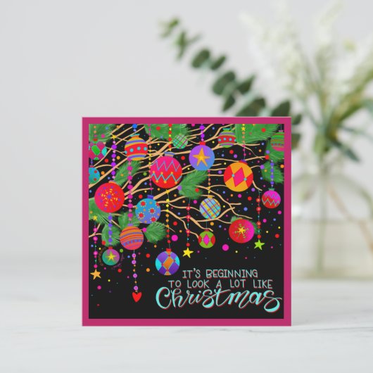 Roze Kerstelijke Siervoorwerpen Kerstlied Inspirat Feestdagenkaart (Staand voorkant)
