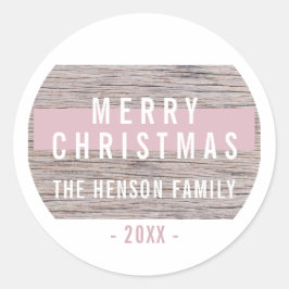 Roze kerstfamilie met roestvrij hout ronde sticker