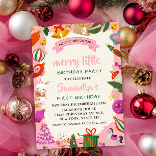Roze kerstfeest 1e verjaardag feest kaart
