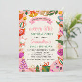 Roze kerstfeest 1e verjaardag feest kaart (Staand voorkant)