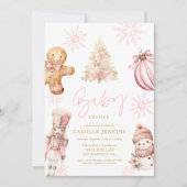 Roze Kerstfeest Baby shower Uitnodiging voor Meisj (Voorkant)