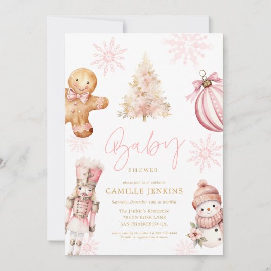 Roze Kerstfeest Baby shower Uitnodiging voor Meisj (Voorkant)