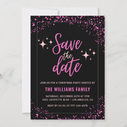 Roze Kerstfeest Bewaar de datum Glam Kaart (Voorkant)