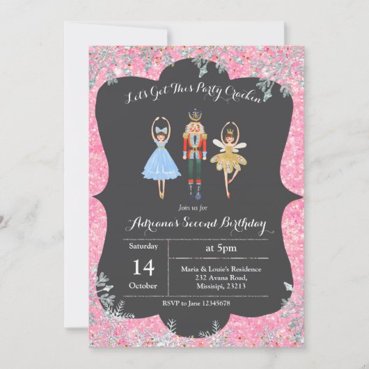 Roze kerstfeest Glitter Birthday Invite Ballet Kaart (Voorkant)