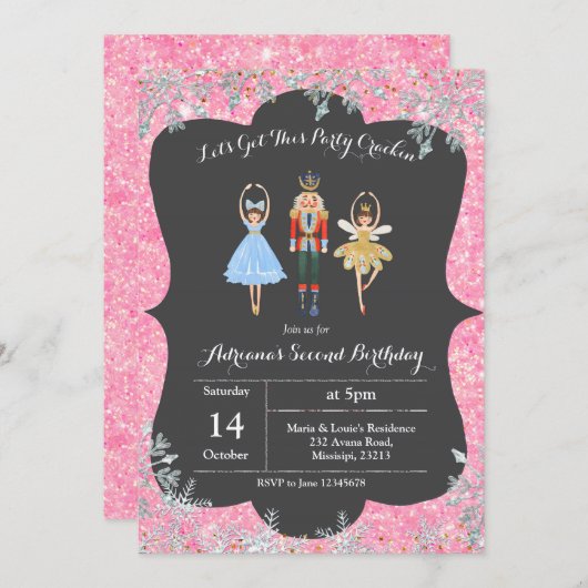 Roze kerstfeest Glitter Birthday Invite Ballet Kaart (Voorkant / Achterkant)