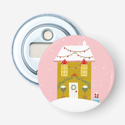 Roze Kerstfeest Kinderen Verjaardagsvakantie Button Flesopener (Voorkant)