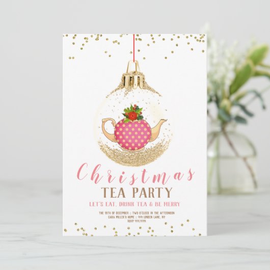 Roze Kerstfeest Tea Party Kaart (Staand voorkant)