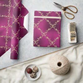 Roze kerstfeestdag Gold Damask Metallic Cadeaupapier