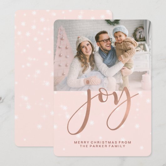 Roze kerstfeestvreugde met sneeuwvlokken en foto's feestdagenkaart (Voorkant / Achterkant)