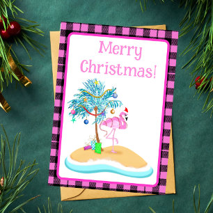 Roze Kerstflamingo en glinsterende palmboom Feestdagen Kaart