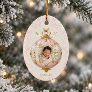 Roze kerstfoto-ornament voor babymeisje keramisch ornament