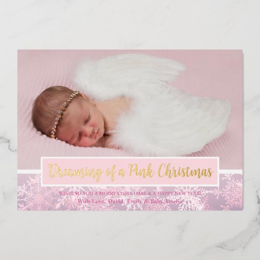 Roze Kerstfoto Sneeuwvlok Eerste Kerstmis Folie Feestdagenkaart (Voorkant)