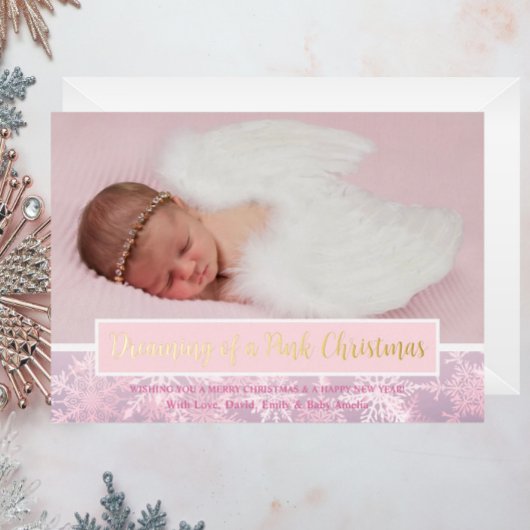 Roze Kerstfoto Sneeuwvlok Eerste Kerstmis Folie Feestdagenkaart