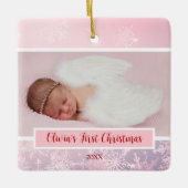 Roze Kerstfoto Sneeuwvlok Eerste Kerstmis Keramisch Ornament (Voorkant)